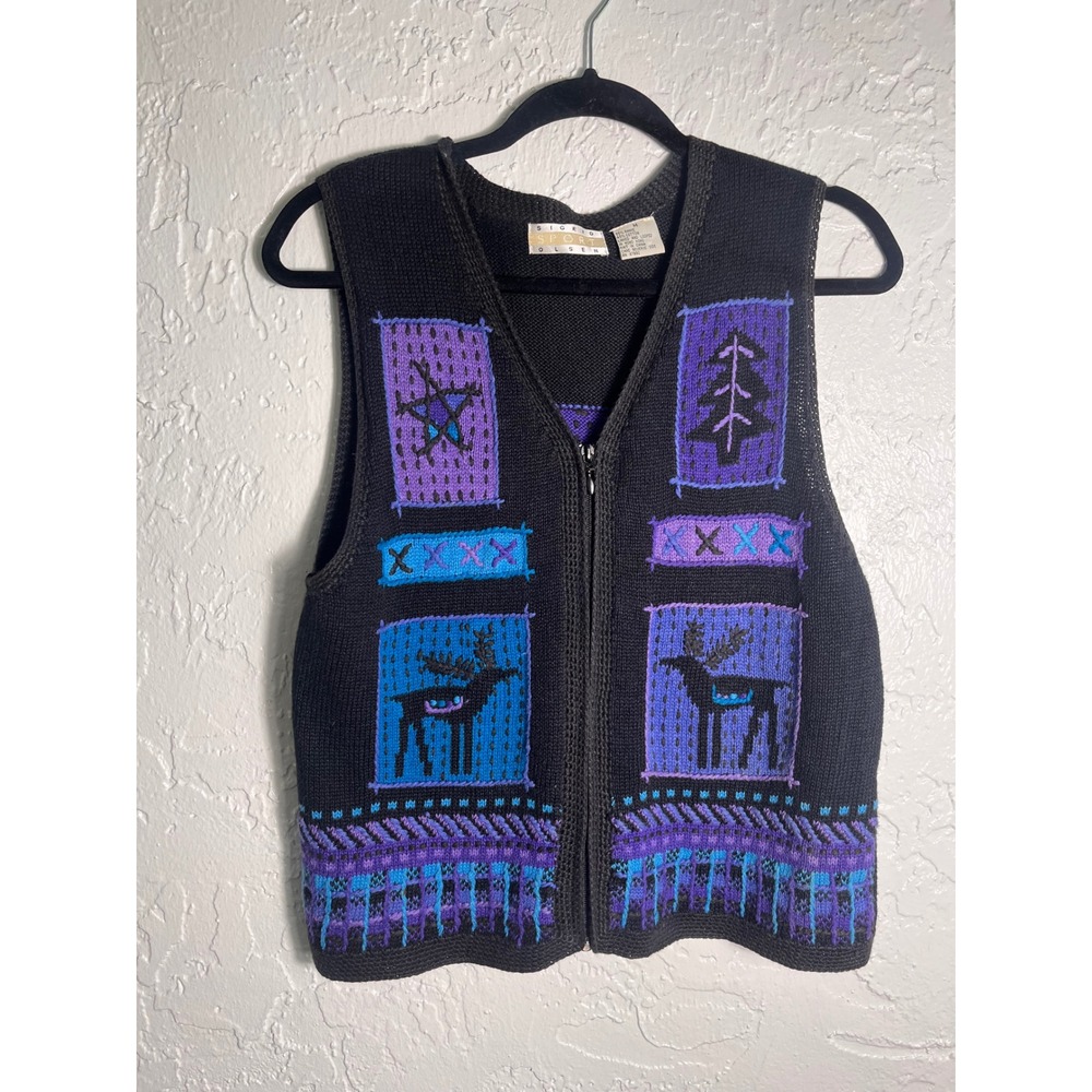Sigrid Olsen Sport Sweater Vest Womens M Moose Zip Nordic Ramie Cotton Vintage